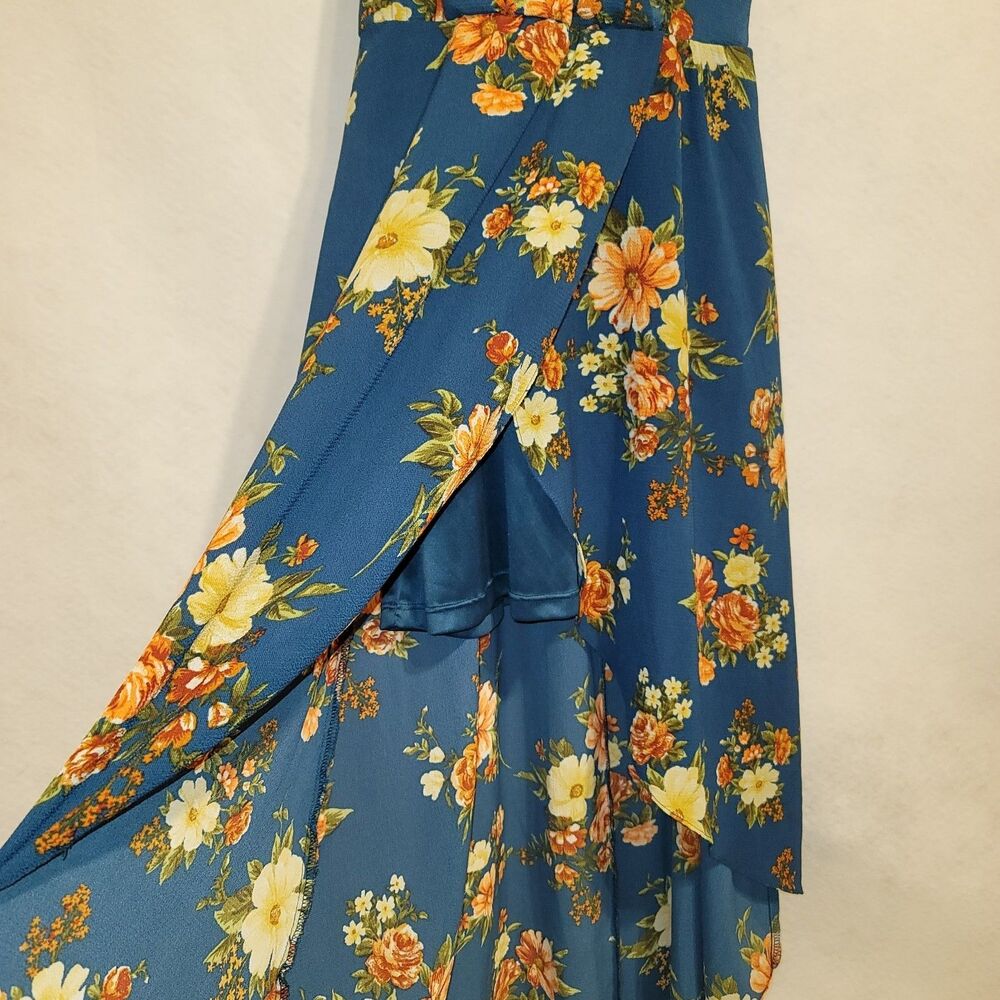 by & by Women's Floral Cold-Shoulder High-Low Teal Maxi Dress Size M Boho Ruffle - Picture 4 of 9